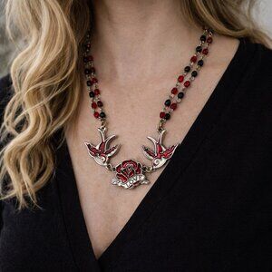 Eldorado Club Necklace Swallow Bird Rose Love Pendant Red Black Beaded Vintage